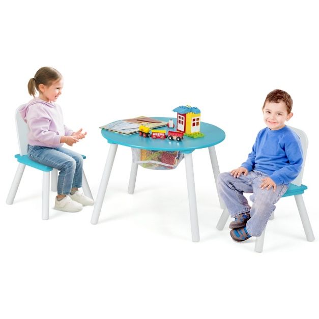 Wood Activity Kids Table and Chair Set with Center Mesh Storage 