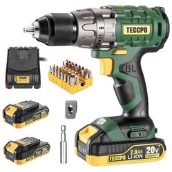 Cordless drill set, 20V Brushless Drill Driver Kit, 2x 2.0Ah Li-ion Batteries, 530 In-lbs Torque, 1/2” Keyless Chuck, 2-Variable Speed, Fast Charger,