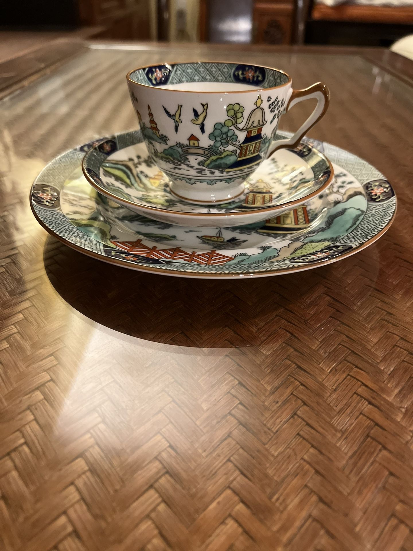 Crown Staffordshire Chinese Willow Teacup, Saucer And Plate