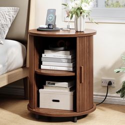 Walnut Brown Nighstand with Charging Station