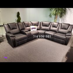 Black Leather Manual Recliner Sectional Sofa 