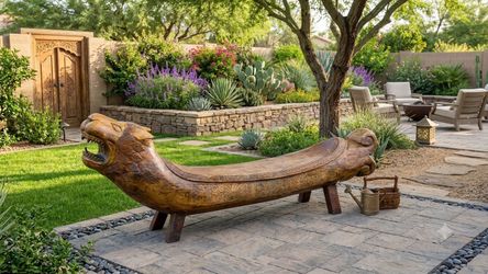 Hand carved wooden lion bench