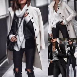 Women Fashion Wool Single breasted Long Collar Coat