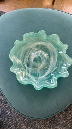 Turquoise Art Glass Ruffled Edge Decorative Bowl