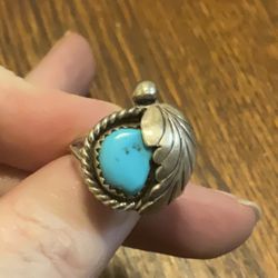 Sterling silver handmade, turquoise, feather ring, size 6