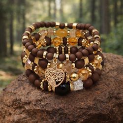 Multi-Layer Boho Heart Charm Acrylic Bead Bracelet Set 4pcs Brown