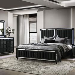 Bedroom set 4 Queen size Black Velvet upholstery, New Especial price