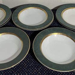 RETRONEU Imperial Collection Fine China MALACHITE 9” Rimmed SOUP BOWLS (8) MINT