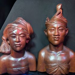 Vintage 1924 Balinese Rosewood Couple Busts – Hand-Carved Indonesian Heirlooms