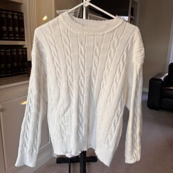 Women’s White Cable-Knit Crewneck Sweater