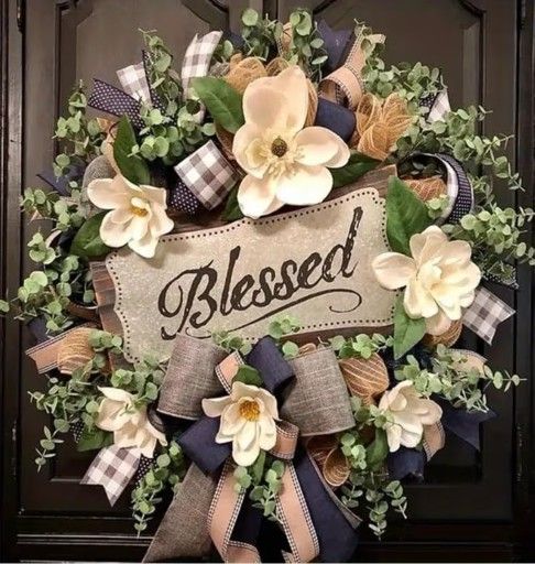20-Inch Farmhouse Front Door Wreath - Elegant Floral Arrangement with Magnolia-Like Whites, in Beige, Blue, Brown, Year-Round Porch Hanging Decor for 
