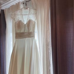 Appliqué Lace Satin Ankle-Length Little White Dress 