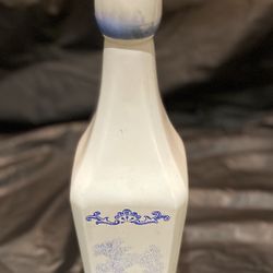 Vintage White Blue Painted Glass Liquor Bottle 