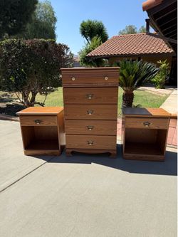 💥PRICE for ALL💥 3-Piece Wood Grain Bedroom Set - Tall Dresser & Two Nightstands (Read Description)