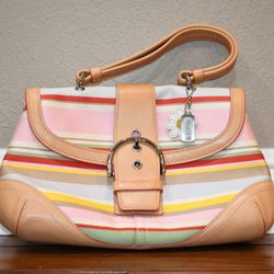 NEW Coach Canvas Stripe & Tan Leather Springtime Daisy Satchel