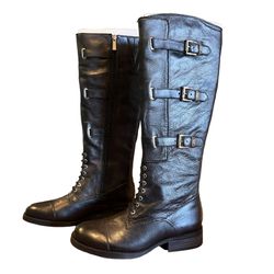Leather Boots Vince Camuto Woman's Riding Black NIB Silver Buckles Laces Zipper