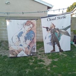 Vintage Wall Scroll Featuring the Character Chun-Li From 1992 Street Fighter 2And the other is Online Game Final Fantasy Cloud Strife 