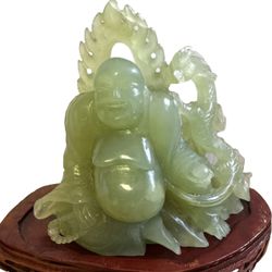 Large Carved Green Jade Laughing Buddha w Dragon on Wood Base Asian Statue