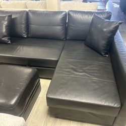 SECTIONAL SOFA BED AND GARAGE LEATHER BLACK FREE DELIVERY 🚚 