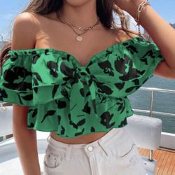 SHEIN Sexy Green Floral Off The Shoulder Ruffle Crop Top Size Medium- Good Pre-Loved Condition