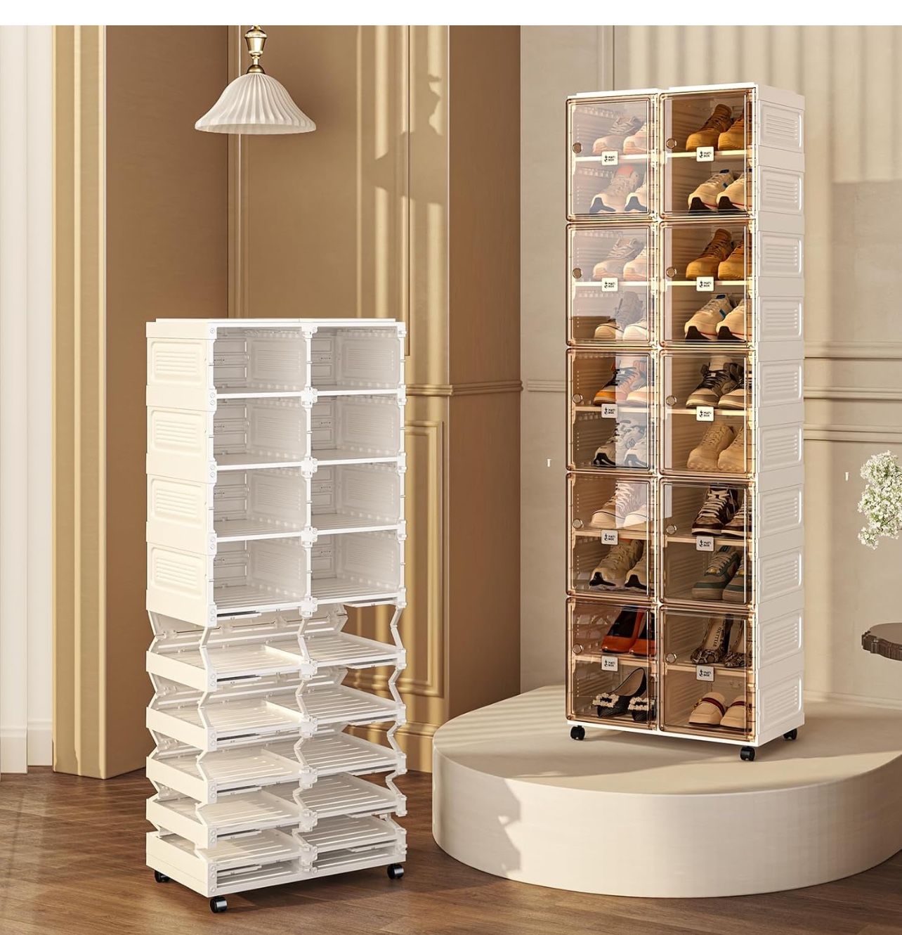 10 Layer Shoe Storage Organizer with Wheels for Closet, Stackable Shoe Rack Cabinet Organizer for Entryway, Shoe Box with Magnetic Clear Door 2 Row