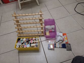 Sewing thread and needle Assortment Lot with spool rack
