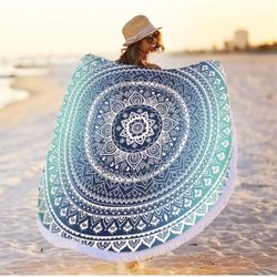 Beach Towel, Round Beach Towel Oversized Yoga Blanket Color White/Teals