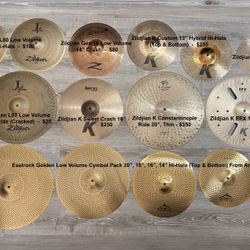Zildjian Cymbals Variety: K, Low Volume L80, EFX, Constantinople, Crash, Ride, Etc