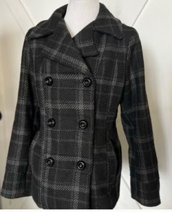 WOMEN'S Black And Gray XL Checkered Double Breasted Peacoat Jacket
