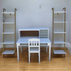 White teenager / student desk w/hutch $65, 2 wooden 5-layer shelf ladder bookcase $55 ea 