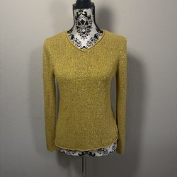 Eileen Fisher Crochet Top Sweater Size S Gold V Neck Italian Yarn