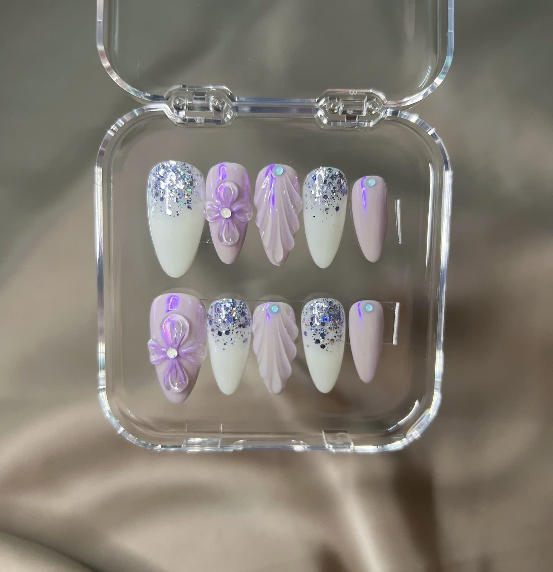 Lavender Glitter Press-On Nail Set – 3D Flower & Shell Design