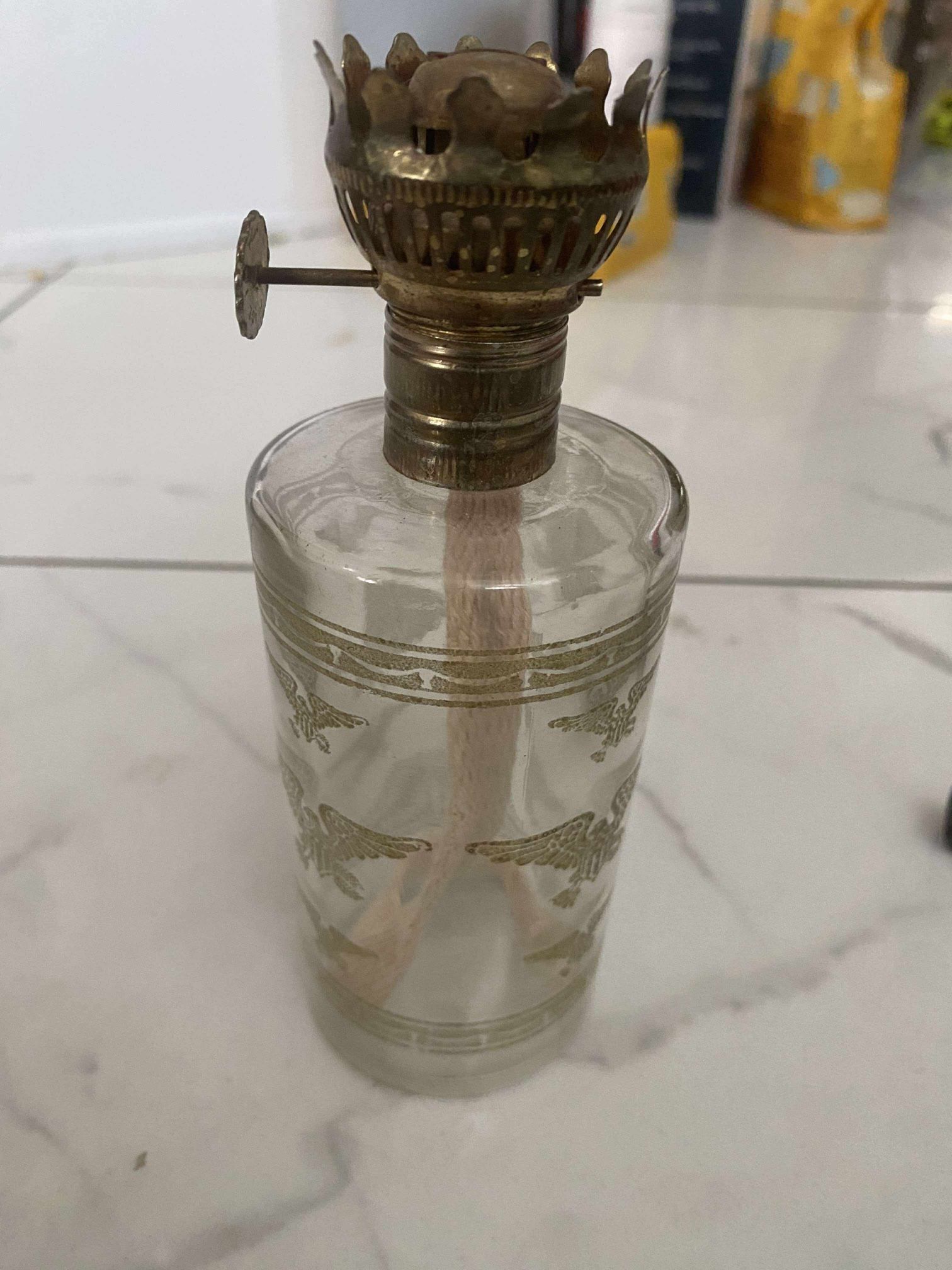 VINTAGE MINI OIL LAMP GLASS - FF FOSTER FORBES EAGLE - 6 1/4" TALL(FKC17)
