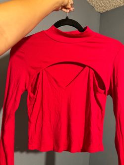 Red Ribbed Mock Neck Cutout Crop Top