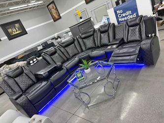 Black Leather Power Recliner Sectional Sofa LED lights and USB