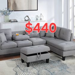 Elegant Studded Sofa Set w Theater Cup Holder, Ottoman Included!!