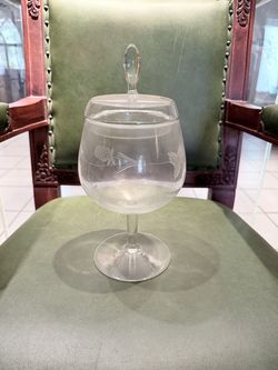 Vintage wheel-cut large covered compote featuring a floral design