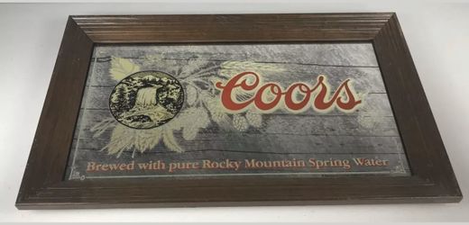 1980 Vintage Wood Framed Coors Mirrored Bar Signl Waterfall Barley 26X16" RARE