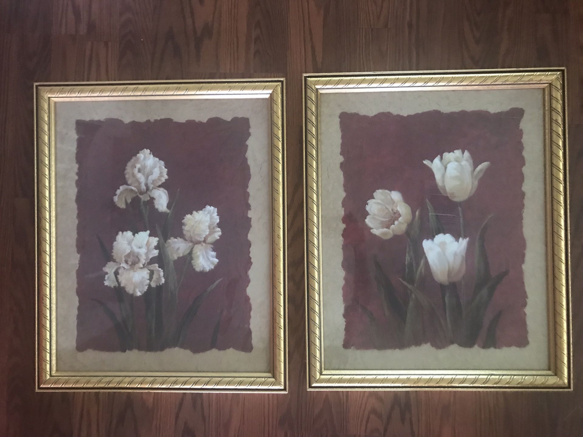 2 Framed Home Interior Art Decor Pictures Gold and Maroon