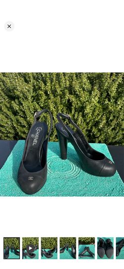 CHANEL serial#G26890 BlackPeep-ToeSlingback Heels-gold logo-size 37 1/2-used