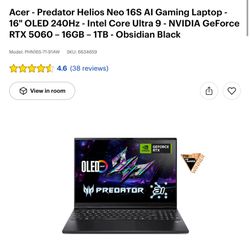 Acer - Predator Helios Neo 16S Al Gaming Laptop - 16" OLED 240Hz - Intel Core Ultra 9 - NVIDIA GeForce RTX 5060 - 16GB - 1TB - Obsidian Black