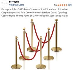 $100 Brand New Ferraycle 6 Pcs 2025 Prom Stainless Steel Stanchion 5 ft Velvet Carpet Ropes and Pole Crowd Control Barriers Grand Opening Casino Movie