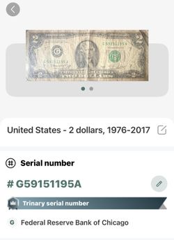 $2 Federal Reserve Note Rare 1976 Bicentennial Trinary Serial Number
