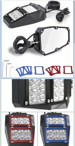 UTV ATV Rear View Mirrors with LED Lights, 1.75-2 Inch Roll Bar Cage Offroad Side Mirrors with Replaceable Black Blue Red