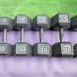SET OF STEEL CAP HEX DUMBBELLS  (PAIRS OF)  :  40s   50s   60s 