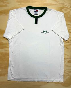 90s Tommy Hilfiger Men’s L White/Green Cotton Knit Crew Neck Tennis Logo Te