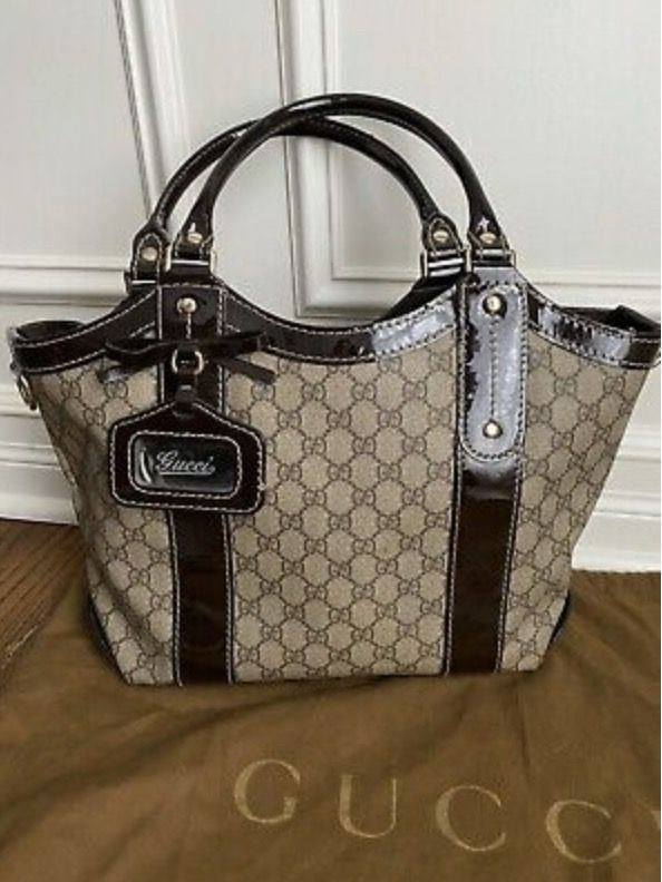 RARE Authentic Gucci VANITY Monogram Coated Canvas & Leather Tote Purse Bag Handbag
