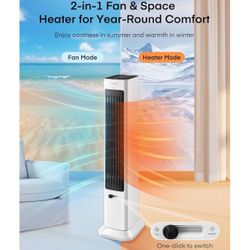 FOHERE Oscillating Tower Fan and Space Heater in One for Indoor Use, All Season High-Velocity Fan and Heater Combo Safety with Overheat Protection, Ti