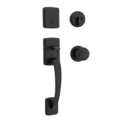 Brentford Matte Black Single Cylinder Door Handleset with Sora Door Knob Featuring Smart Key Security=Kwik-65