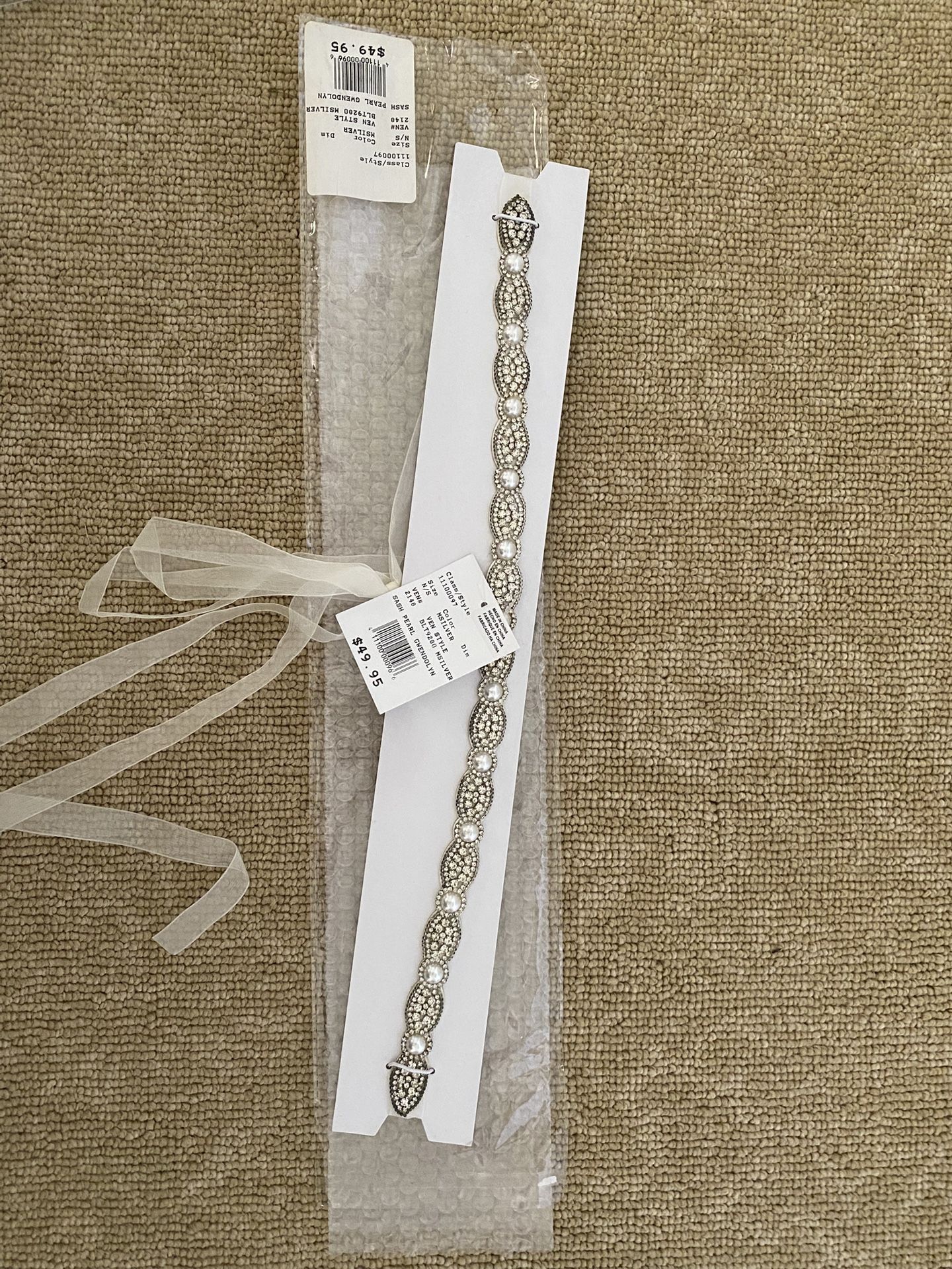 Silver Jeweled Belt With White Ribbon